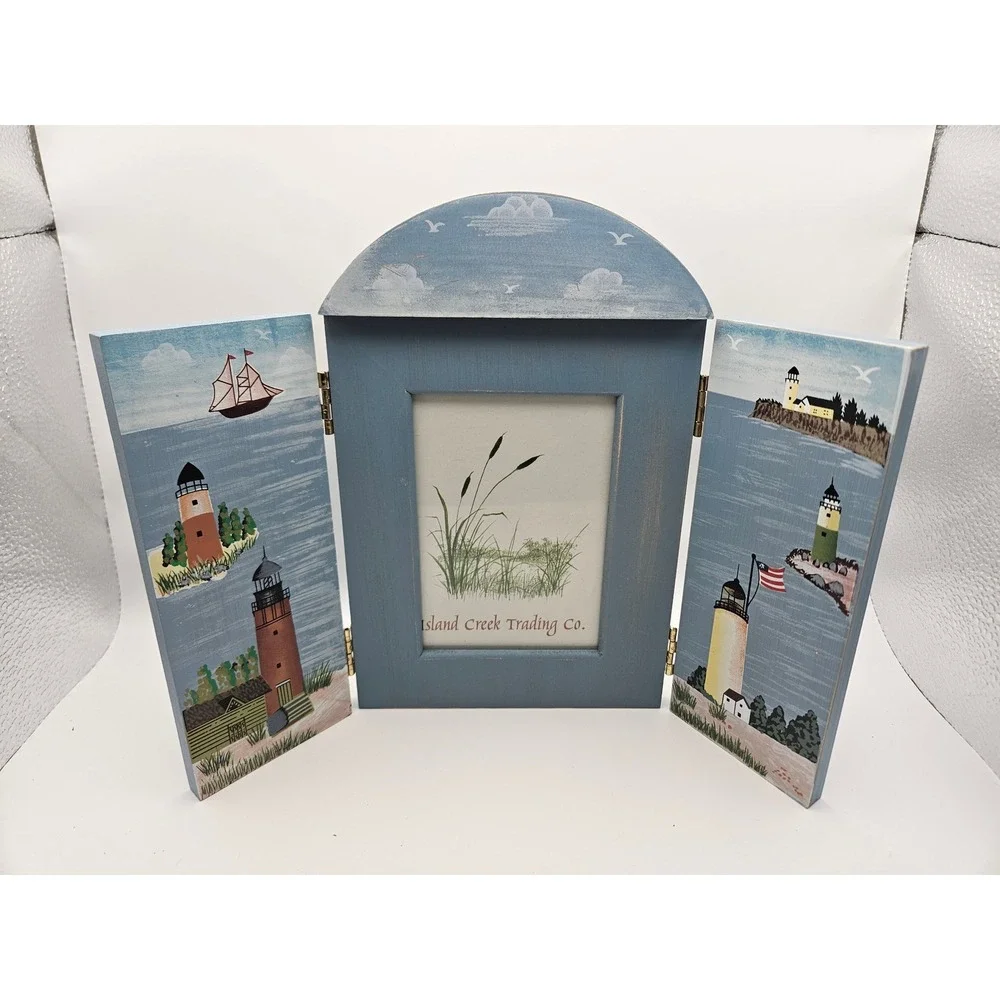 Lighthouse Tri Fold Wooden Handpainted Blue 3